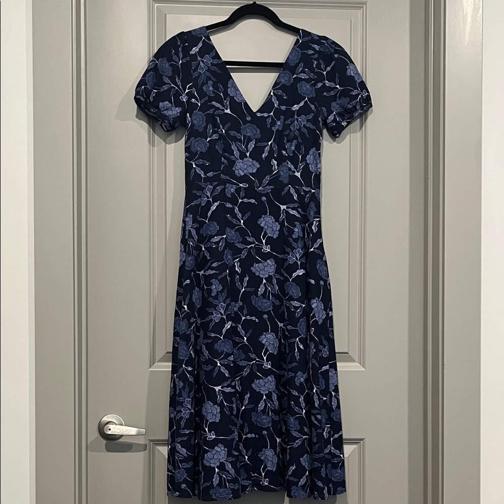 GAP Navy Blue and Purple Linen Floral Midi Dress A-line 100% Cotton Lining